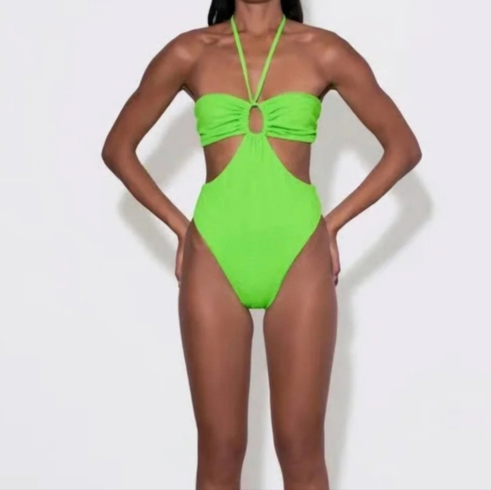 NWT‎ Mara Hoffman Blanca One Piece Cut Out Swimsuit Lime Green -